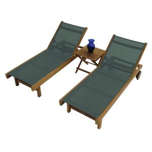 Sundaze 3 Pc Set Teak Chaise Lounge Set w/ Folding Side Table in Moss by Royal Teak Collection
