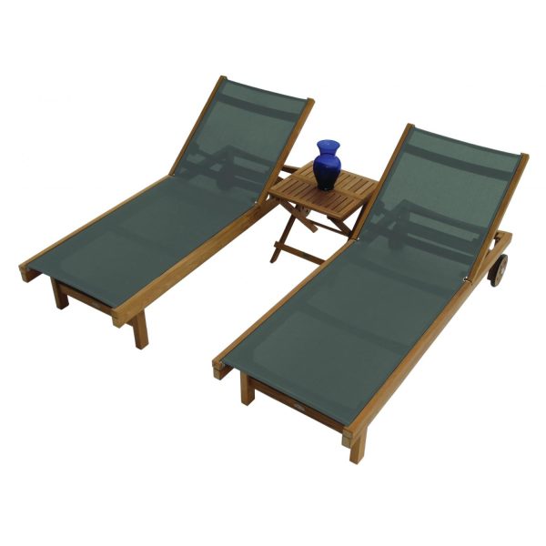 Sundaze 3 Pc Set Teak Chaise Lounge Set w/ Folding Side Table in Moss by Royal Teak Collection