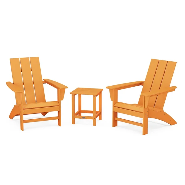 Modern Adirondack 3 Pc Recycled Plastic Seating Set w/ Long Island End Table in Tangerine by POLYWOOD