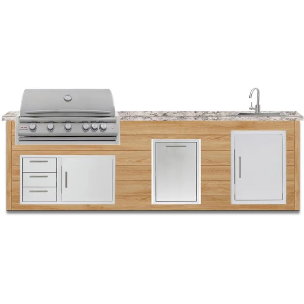 BBQGuys Signature 10 Ft Outdoor Kitchen Island w/ 40 Inch Natural Gas Blaze LTE+ Grill , Sink & Double Trash Bin | Sun Bleached Oak w/ White Granite