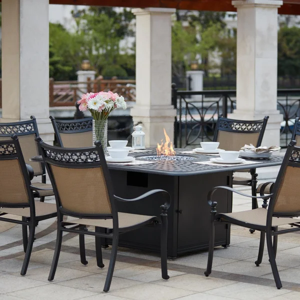 Mountain View 9 Pc Cast Aluminum Fire Pit Dining Set w/ 64 Inch Square Signature Table in Antique Bronze/Irish Mix by Darlee