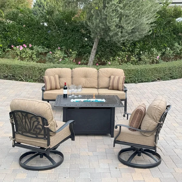 Elisabeth 4 Pc Cast Aluminum Fire Pit Seating Set w/ Swivel Chairs and Sofa in Antique Bronze/Sesame by Darlee