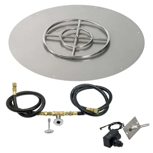 BBQGuys Signature 36 Inch Stainless Steel Round Flat Fire Pit Pan W/Spark Ignition Kit - 18 Inch Ring - Natural Gas