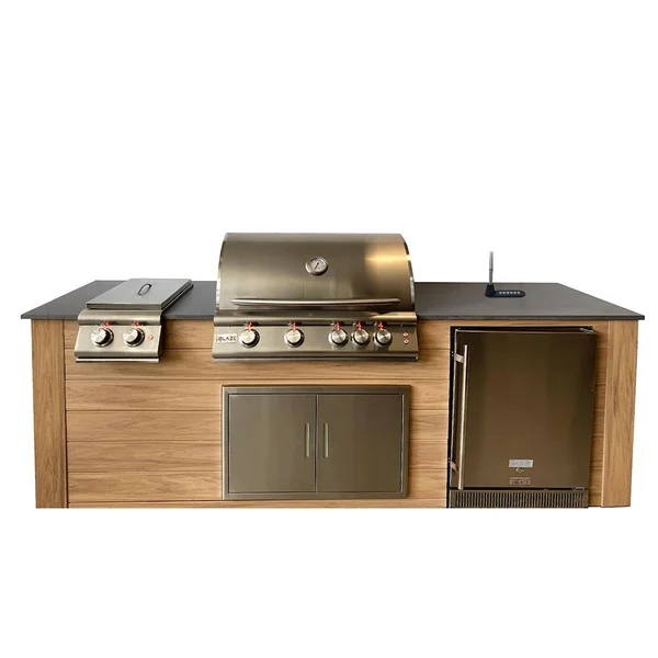 Pro-Fit 8-Foot Outdoor Kitchen Island W/ Blaze LTE 32-Inch Propane Gas Grill, Double Side Burner, Refrigerator & Beverage Dispenser - Golden Cypress / Grigio Piombo Satin