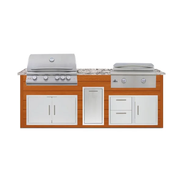 BBQGuys Signature 8 Ft Outdoor Kitchen Island w/ 32 Inch Propane Blaze LTE+ Grill & Griddle & Narrow Trash Bin | Chai Cedar w/ White Granite