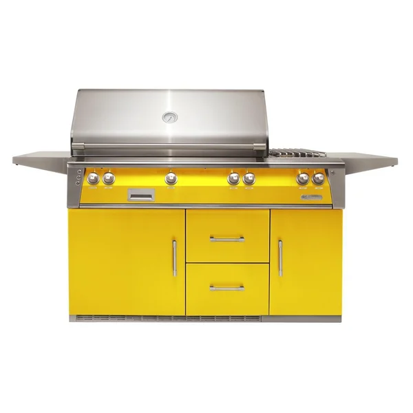 Alfresco ALXE 56-Inch Freestanding Propane Deluxe Grill On Refrigerated Cart With Rotisserie And Side Burner in Traffic Yellow - ALXE-56R-LP-S1023