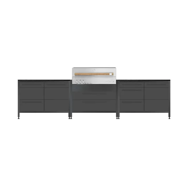 Burnout BBQ Modular Fully Lit Outdoor Kitchen Island w/ Flammkraft Model D Built-In Grill, Triple Drawers, Propane Pullout, and Pullout Waste Bins - Dawn