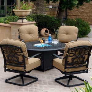 Santa Monica 5 Pc Cast Aluminum Fire Pit Seating Set w/ 52 Inch Signature Table & Swivel Rockers in Antique Bronze/Sesame by Darlee