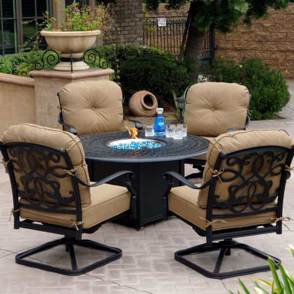Santa Monica 5 Pc Cast Aluminum Fire Pit Seating Set w/ 52 Inch Signature Table & Swivel Rockers in Antique Bronze/Sesame by Darlee