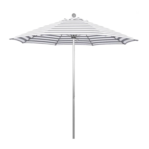 California Umbrella Venture Series 9 Ft Octagonal Aluminum Patio Umbrella W/ Push Lift & Fiberglass Ribs - Silver Anodized Frame / Olefin Gray White Cabana Stripe Canopy