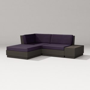 Elevate 4 Pc Recycled Plastic Sectional Loveseat w/ Chaise Lounge Seating Set in Vintage Coffee/Navy Linen By PW Designer Series