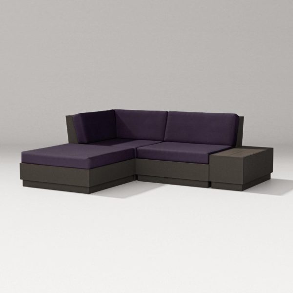 Elevate 4 Pc Recycled Plastic Sectional Loveseat w/ Chaise Lounge Seating Set in Vintage Coffee/Navy Linen By PW Designer Series
