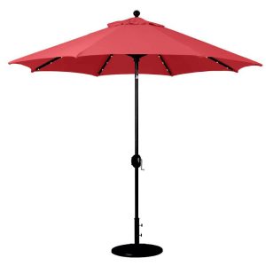 Galtech 9 Ft. Lighted LED Octagonal Aluminum Patio Market Umbrella W/ Crank Lift And Auto Tilt - Black Frame W/ Sunbrella Canvas Jockey Red Canopy