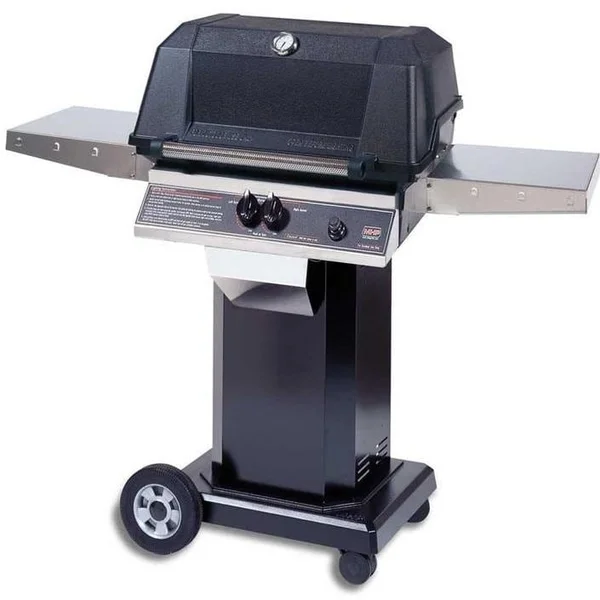 MHP WNK4DD Natural Gas Grill With Stainless Steel Shelves And Stainless Grids On Black Cart