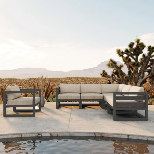 Misty Cove 6 Pc Aluminum Seating Set w/ Sectional in Slate/Canvas Flax by Lakeview Outdoor Designs