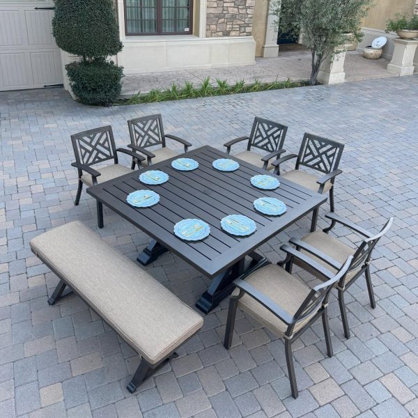 Brooklyn 8 Pc Aluminum Dining Set w/ 59 Inch Square Table in Multi Brown/Sesame by Darlee