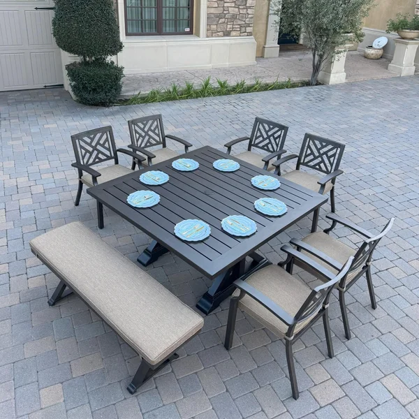 Brooklyn 8 Pc Aluminum Dining Set w/ 59 Inch Square Table in Multi Brown/Sesame by Darlee