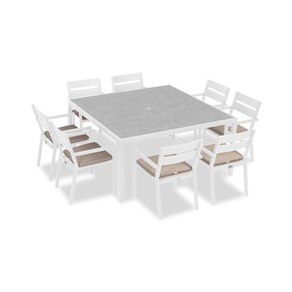 Calm Bay 9 Pc Square Aluminum Dining Set in White/Canvas Flax by Lakeview Outdoor Designs
