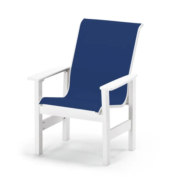 Leeward MGP Patio Dining Arm Chair With Sling Seating By Telescope Casual - Textured Snow/Cobalt