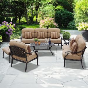 Nassau 6 Pc Cast Aluminum Seating Set w/ 42 X 21 Inch Series 30 Table & Throw Pillows in Antique Bronze/Sesame by Darlee