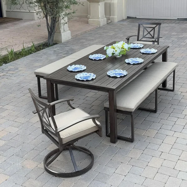 Atlantis 5 Pc Aluminum Dining Set w/ 2 Swivel Rocker Dining Arm Chairs & 2 Three Person Benches in Walnut/Beige by Darlee