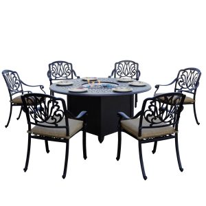 Elisabeth 7 Pc Cast Aluminum Fire Pit Dining Set w/ 60 Inch Round Table Throw Pillows in Antique Bronze/Sesame by Darlee