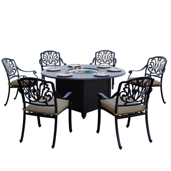 Elisabeth 7 Pc Cast Aluminum Fire Pit Dining Set w/ 60 Inch Round Table Throw Pillows in Antique Bronze/Sesame by Darlee