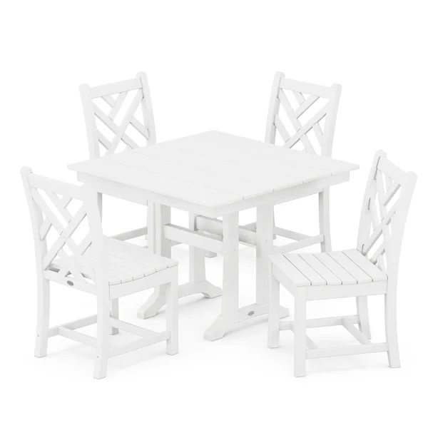 POLYWOOD Chippendale 5-Piece Farmhouse Trestle Side Chair Dining Set - White