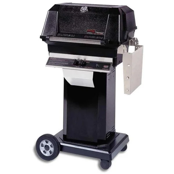 MHP JNR4DD Propane Gas Grill With Stainless Steel Shelves And Stainless Grids On Black Cart