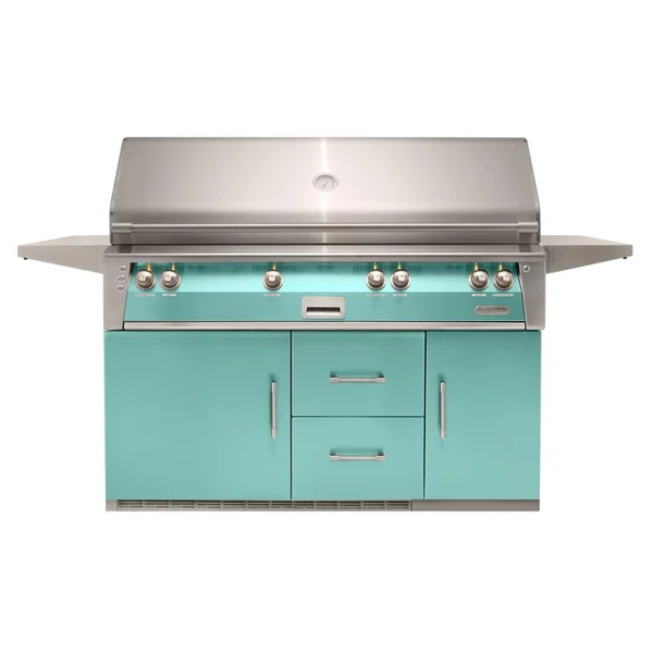 Alfresco ALXE 56-Inch Freestanding Propane All Grill On Refrigerated Cart With Sear Zone And Rotisserie in Light Green - ALXE-56BFGR-LP-S6027