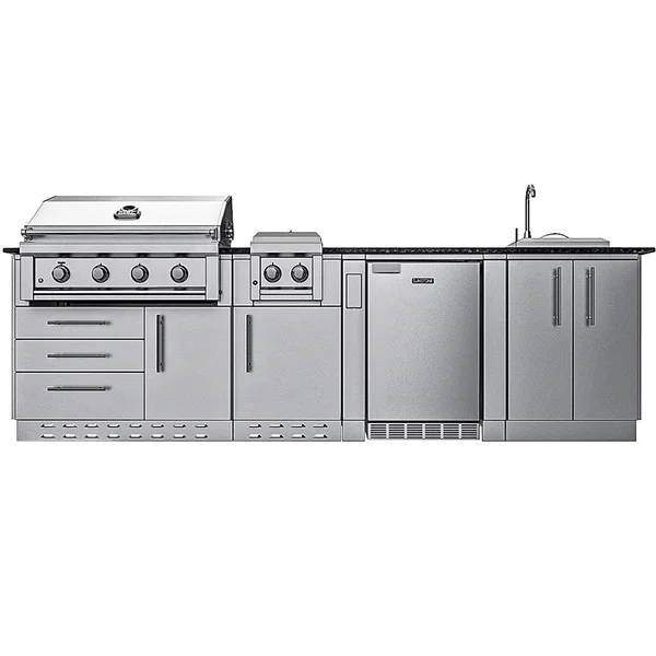 Sunstone Grills Houston 9 1/2 Ft Outdoor Kitchen Island w/ Natural Gas Grill & Side Burner, Sink, Refrigerator, Door & Drawer