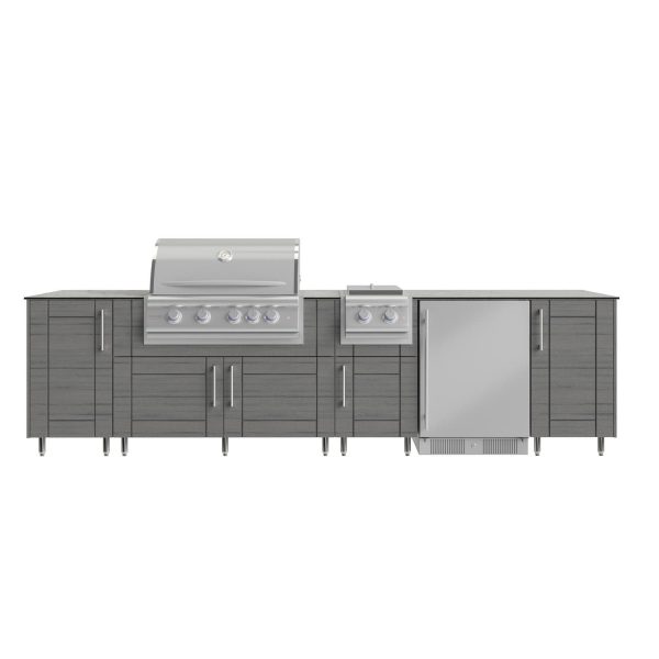 WeatherStrong Nassau 10 1/2 Ft Outdoor Kitchen Island w/ Blaze Natural Gas Grill, Side Burner & Refrigerator in Dark Ash/Glacier Frost