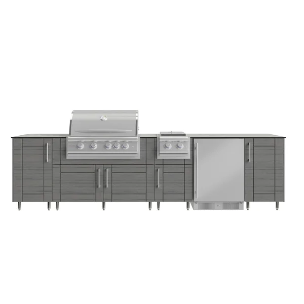 WeatherStrong Nassau 10 1/2 Ft Outdoor Kitchen Island w/ Blaze Natural Gas Grill, Side Burner & Refrigerator in Dark Ash/Glacier Frost