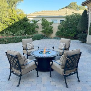 Madison 5 Pc Cast Aluminum Fire Pit Seating Set w/ 47 Inch Table in Antique Bronze/Sesame by Darlee