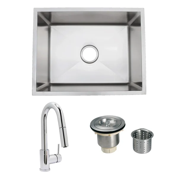 Urban Place Radial 27 X 18 Stainless Steel Outdoor Sink with Huntington Brass Dual Spray European Style Pull Down Faucet and Strainer Basket