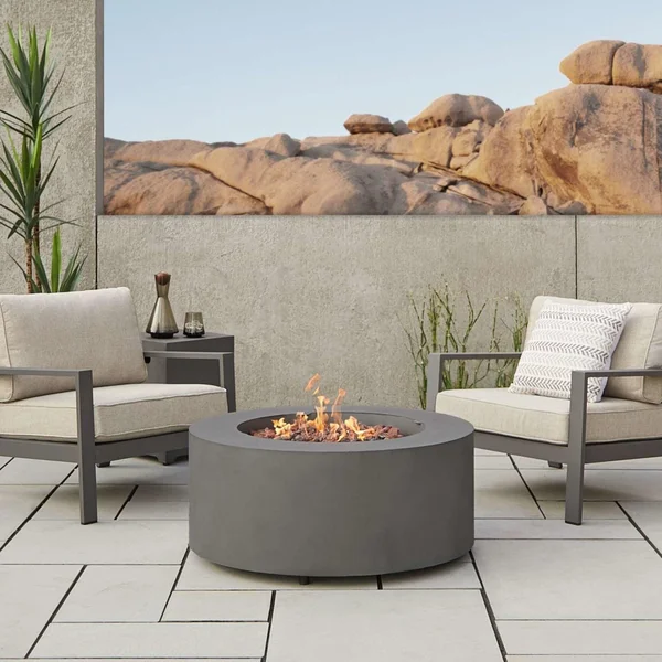 Elysian 4 Pc Powder Coated Steel Seating Set w/ 36 Inch Round Fire Pit in Weathered Slate by Lakeview Outdoor Designs