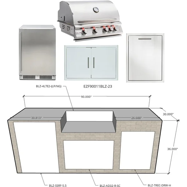 EZ Finish Systems 7 1/2 Ft Ready to Finish Outdoor Kitchen Island w/ Blaze LTE 32-Inch Natural Gas Grill & Refrigerator