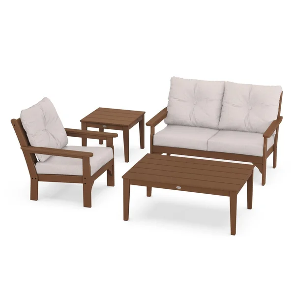 Vineyard 4 Pc Recycled Plastic Seating Set w/ Larger Tables in Teak/Dune Burlap by POLYWOOD