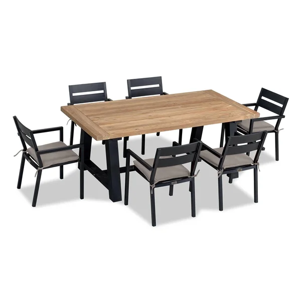 Calm Bay Mill 7 Pc Reclaimed Teak Aluminum Dining Set in Black/Canvas Charcoal by Lakeview Outdoor Designs