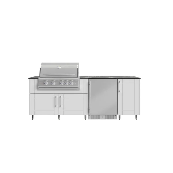 WeatherStrong Bimini 7 1/2 Ft Outdoor Kitchen Island w/ Blaze Natural Gas Grill & Refrigerator in Shell White/Midnight Ice