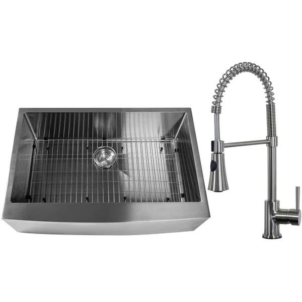 BBQGuys Signature 33 X 22 Outdoor Rated Stainless Steel Farmhouse Sink W/ Pull-Down Coil Spring Hot/Cold Faucet, Sink Grid, & Strainer - BBQ-AP3322S-RD