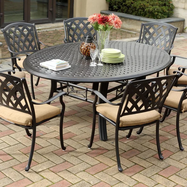 Ocean View 9 Pc Cast Aluminum Dining Set w/ 71 Inch Round Series 99 Table in Antique Bronze/Sesame by Darlee