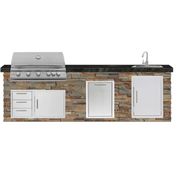 BBQGuys Signature 10 Ft Outdoor Kitchen Island w/ 40 Inch Propane Blaze LTE+ Grill & Double Trash Bin | Gold Rush w/ Black Granite