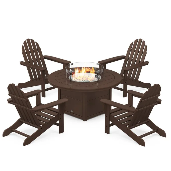 Classic Adirondack 5 Pc Recycled Plastic Fire Pit Seating Set in Mahogany by POLYWOOD