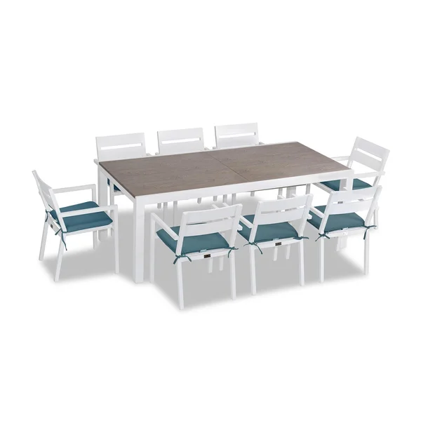 Calm Bay 9 Pc Extendable Aluminum Dining Set in White/Barnwood/Cast Lagoon by Lakeview Outdoor Designs
