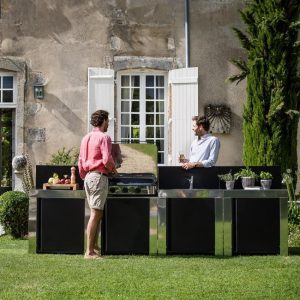 ENO 3 Burner Propane Plancha  w/ Hood and Warming Rack Straight Outdoor Kitchen Island with Sink, Storage Shelves, Drawer, and Cleaning Kit