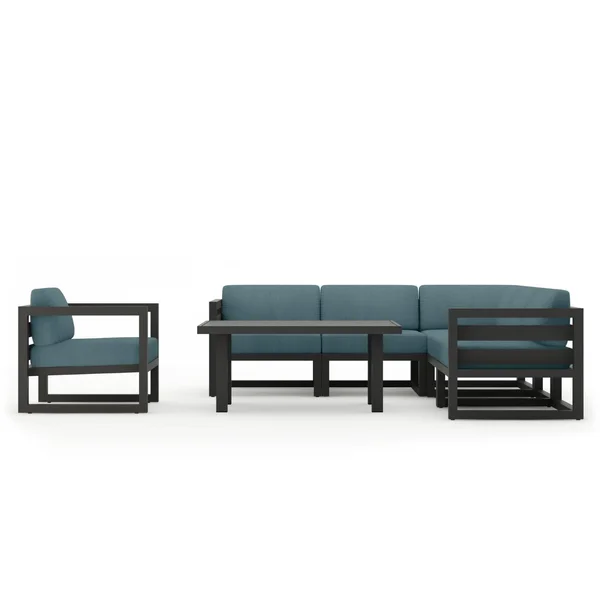 Misty Cove 7 Pc Aluminum Seating Set w/ Sectional & Classic Chat Table in Slate/Cast Lagoon by Lakeview Outdoor Designs