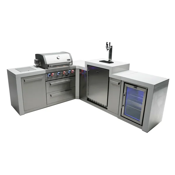 Mont Alpi 7 Ft L-Shaped Propane Outdoor Kitchen Island w/ Side Burner, Kegerator & Fridge - MAi400-D90KEGFC