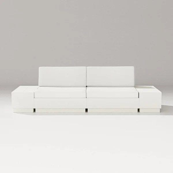 Elevate 4 Pc Recycled Plastic Loveseat Sectional Seating Set in Vintage White/Natural Linen By PW Designer Series