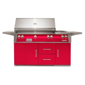 Alfresco ALXE 56-Inch Freestanding Natural Gas Deluxe Grill On Refrigerated Cart With Sear Zone, Rotisserie, And Side Burner in Raspberry Red - ALXE-56SZR-NG-S3027